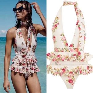 Zimmermann ruffle trim floral lace details swimsuit sz